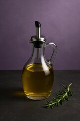 A glass bottle filled with golden olive oil, a rosemary sprig rests nearby. A visual feast showcasing the natural essence