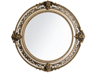 An ornate vintage style full length round mirror isolated on a transparent background.