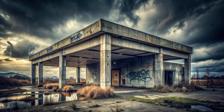 Abandoned Concrete Structure with Moody Atmosphere , abandoned building, moody concrete building - Powered by Adobe