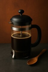 A French press with fresh coffee next to a wooden spoon. The coffee is a rich, dark color and the French press is made of glass with a black handle and lid. The spoon is made of wood