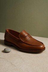 Classic brown leather penny loafers against a neutral backdrop, perfect for showcasing footwear design and style. The single shoe, presented elegantly with a minimalist aesthetic, offers a clean look.