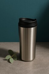 A minimalist photo of a stainless steel thermos cup with a black lid