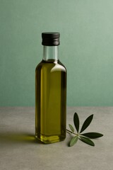 Olive oil in a glass bottle and olive branch.