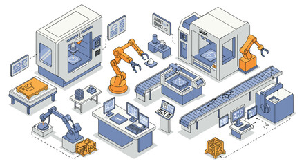 Obraz premium Advanced manufacturing concept with robotic automation and 3d printing in isometric style