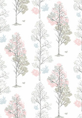 Abstract pattern of trees and leaves in pastel colors on white background  