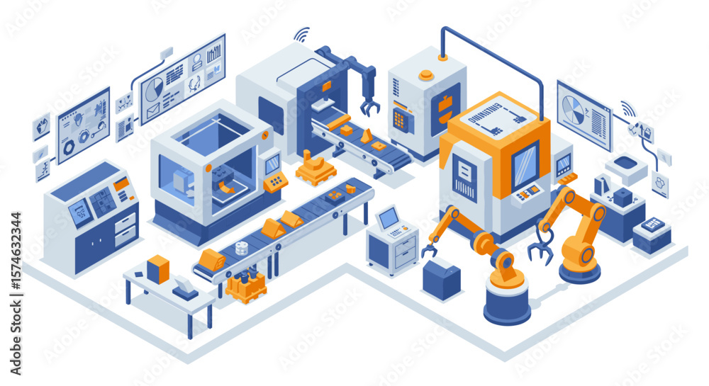 Poster modern isometric factory automation concept with robotics and conveyor systems