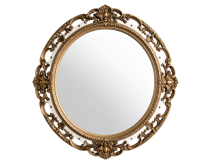 An ornate vintage style full length round mirror isolated on a transparent background.