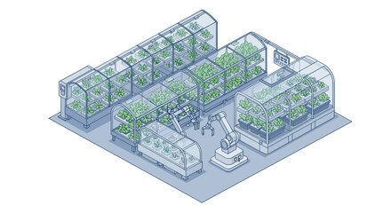 Futuristic isometric indoor hydroponic farm with robotic automation