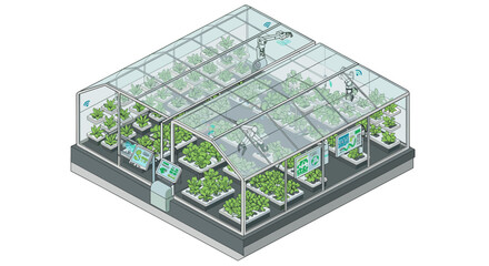 Futuristic isometric smart greenhouse with robotic farming technology and automated systems