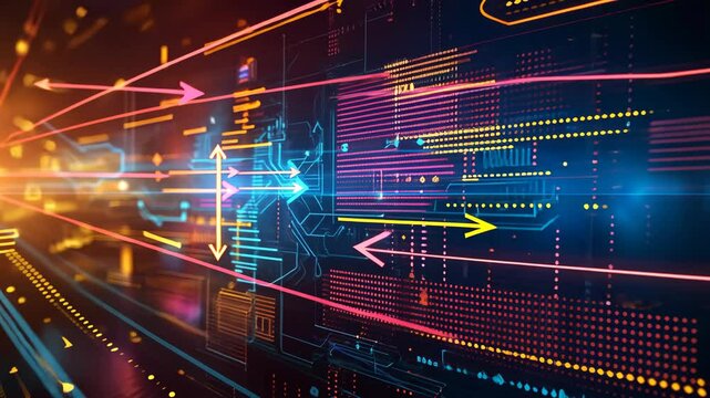 Futuristic digital transformation arrow chart on a vibrant abstract technology background, sleek lines, glowing effects