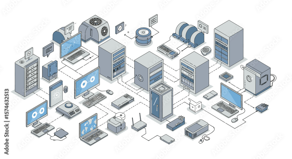 Poster isometric data center network with servers and computers in a digital technology setup