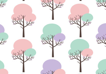 Colorful tree pattern design in pastel shades on white background  