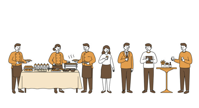 Business buffet event: colleagues enjoying food and networking