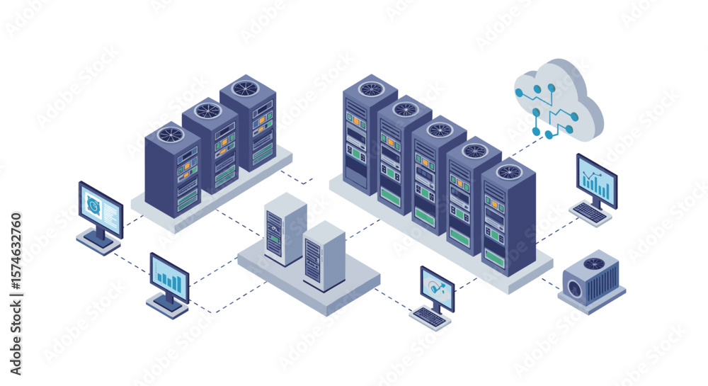 Poster isometric data center with networked servers and cloud computing elements