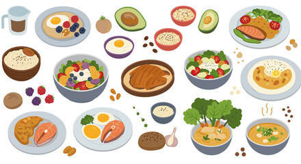 Diverse breakfast and lunch dishes with fresh ingredients in flat design