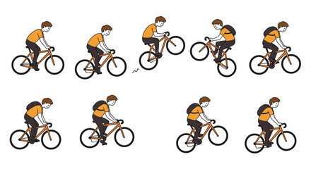 Cyclist performing stunts: sequence of cycling tricks in cartoon style