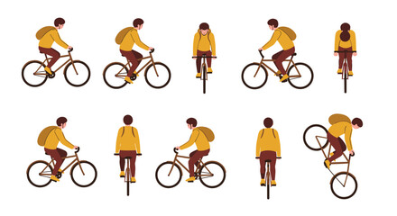 Flat style cyclist set: urban commuter in various riding positions and angles