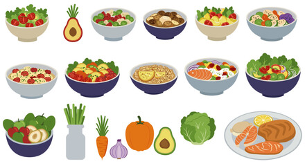 Colorful collection of bowls with fresh ingredients and healthy meals