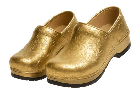 Golden metallic clogs with embossed floral pattern and slip-resistant sole