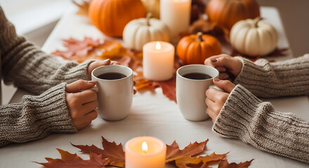 Cozy autumn scene: couple enjoying warm drinks amidst pumpkins and fall leaves.
