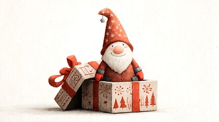 Whimsical christmas gnome peeking out of a decorated gift box with red ribbon