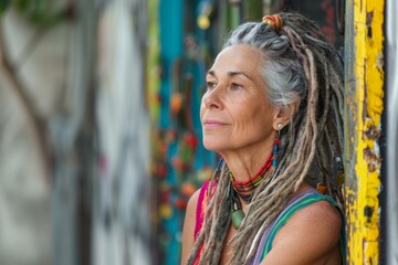 Mature woman with grey dreadlocks and colorful jewelry, possibly an artist, looks thoughtfully towards copy space near a vibrant outdoor art installation