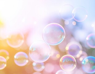 Colorful soap bubbles against a soft, light background