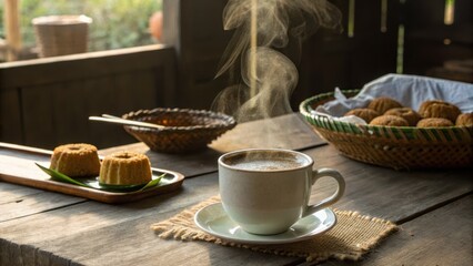 Warm Cup of Coffee with Steam and Delicious Pastries on Table