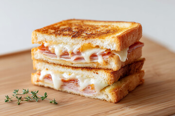 toasted ham and cheese sandwich on wood cutting board with parsley sprig