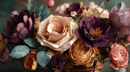 Exquisite crepe paper flowers in rich jewel tones and soft pastels create a luxurious floral arrangement