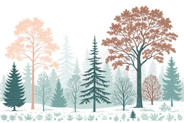 Stylized forest landscape with various trees and soft colors  