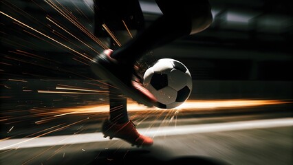 Dynamic Soccer Kick with Motion Blur and Sparks in Low Light