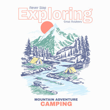 mountain tee shirt graphics in vector. exploring mountain slogan typograpy graphics. mountain adventure out door tee shirt design. camping t shirt