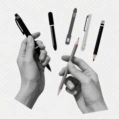 Collection of writing hands. Hand with pen, pencil or stylus. Gestures for writing, drawing, signing documents. Graphic elements in sticker art style