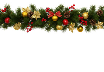 Festive Christmas Garland: Red and Gold Ornaments, Pine Branches, Berries, and Pinecones on Black Background; Elegant Holiday Decoration, 3D Render.
