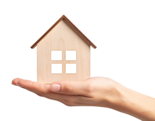 Digital png illustration of hand with house symbol on transparent background.