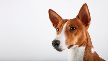 red white basenji dog stands on a white background with selective focus