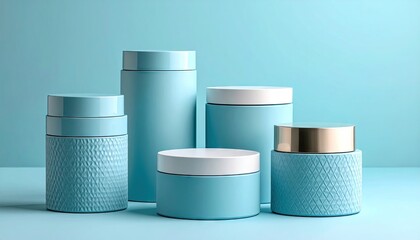 Light blue cosmetic containers on a light teal background