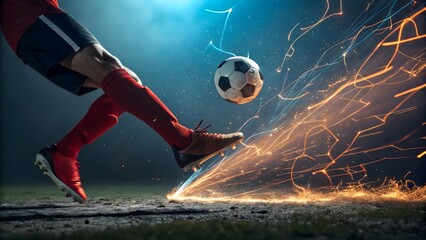 Dynamic Soccer Kick Creating Sparks in Nighttime Action Scene