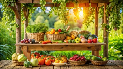 A rustic farm table adorned with fresh fruits and vegetables, placed under a wooden pergola's shade , pergola, farm