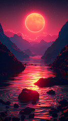 Surreal vibrant landscape with red sky and reflected moonlight on river
