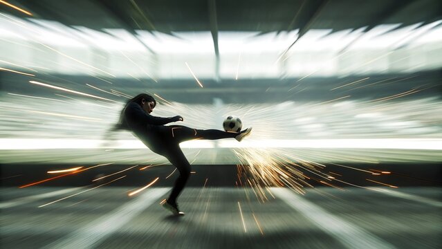 Dynamic Action Shot of Soccer Player Kicking Ball with Motion Blur