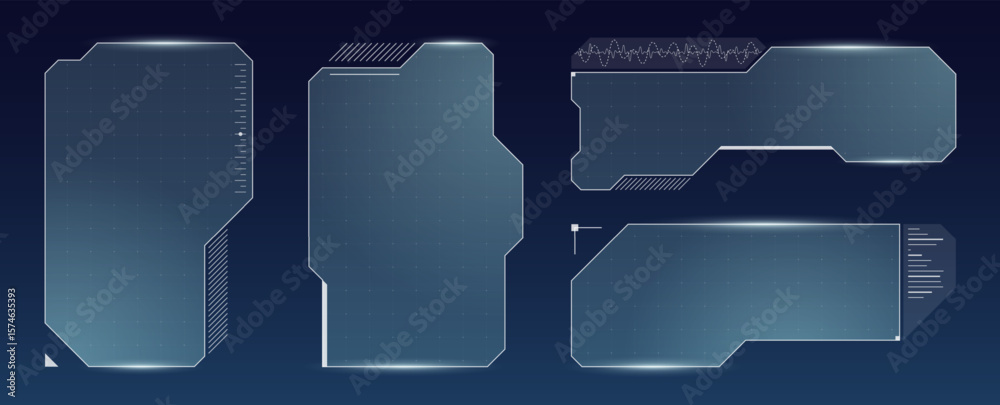 Poster blue futuristic interface with digital panels and abstract hud frame. sci fi dashboard layout evokes