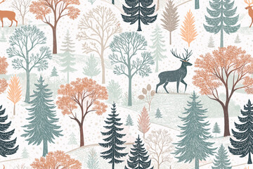 Nature pattern featuring deer and trees in soft pastel colors  