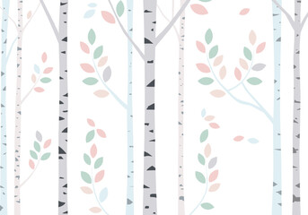 Birch trees with pastel leaves in a light background design  