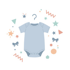 Baby bodysuit hanging with colorful decorative shapes around  