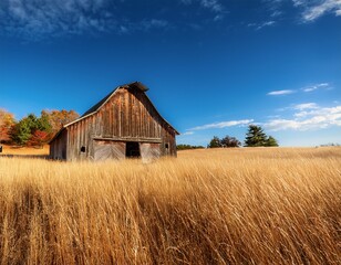 Obraz premium rustic wooden barn in a golden field under a vibrant blue sky a weathered structure stands amidst tall golden grass with trees in the background