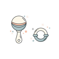 Baby rattle and teething ring in minimalist style with pastel colors  