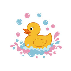 Yellow rubber duck floating in bubbles with pink and blue splashes  