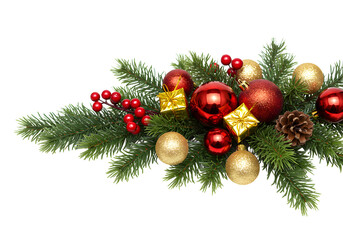 Festive Christmas garland with red and gold ornaments, pine cones, and berries, isolated on black background; perfect for holiday cards, banners, and website designs.